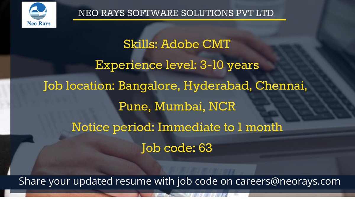 NeoRaysSoftware's tweet image. We have an urgent requirement for Adobe CMT with 3-10 years experience.

Intrested candidates can share resume to careers@neorays.com

#AdobeCQ #AEMDeveloper #JobOpenings #Hiring #Neorayssoftwaresolutions
