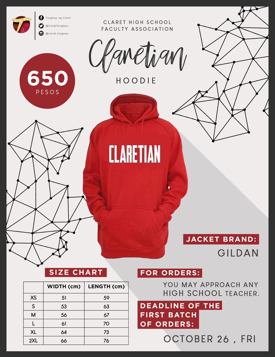 ClaretTanglaw's tweet photo. Are you feeling the 51st Anniversary vibe? Get yourself a Claretian hoodie and show others the Claretian pride! Approach any teacher in the High School unit to place your order until Friday, October 26.
#ClaretianHoodie
#HSFaculty
#LetTruthBeTold https://t.co/jbZCcTNi6N