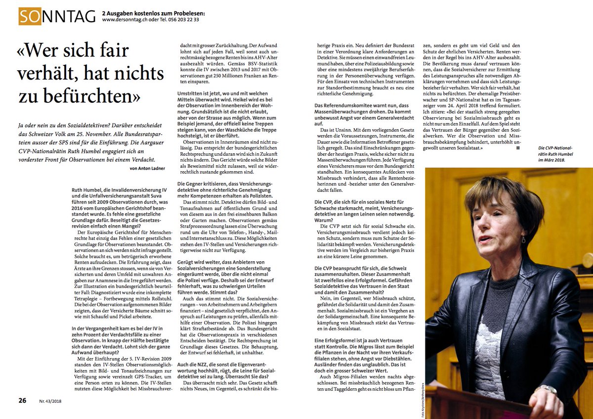 Die Mitte – Le Centre (@mitte_centre) on Twitter photo «Sozialmissbrauch ist ein Vergehen an der Solidargemeinschaft. Eine konsequente Bekämpfung von Missbrauch stärkt das Vertrauen in den Sozialstaat.» <a href="/RuthHumbel/">Ruth Humbel</a>
#fairplaybitte am #25nov #abst18 #sozialdetektiveja @Sozialdetektive #chvote #Versicherungsspione «Sozialmissbrauch ist ein Vergehen an der Solidargemeinschaft. Eine konsequente Bekämpfung von Missbrauch stärkt das Vertrauen in den Sozialstaat.» <a href="/RuthHumbel/">Ruth Humbel</a>
#fairplaybitte am #25nov #abst18 #sozialdetektiveja @Sozialdetektive #chvote #Versicherungsspione