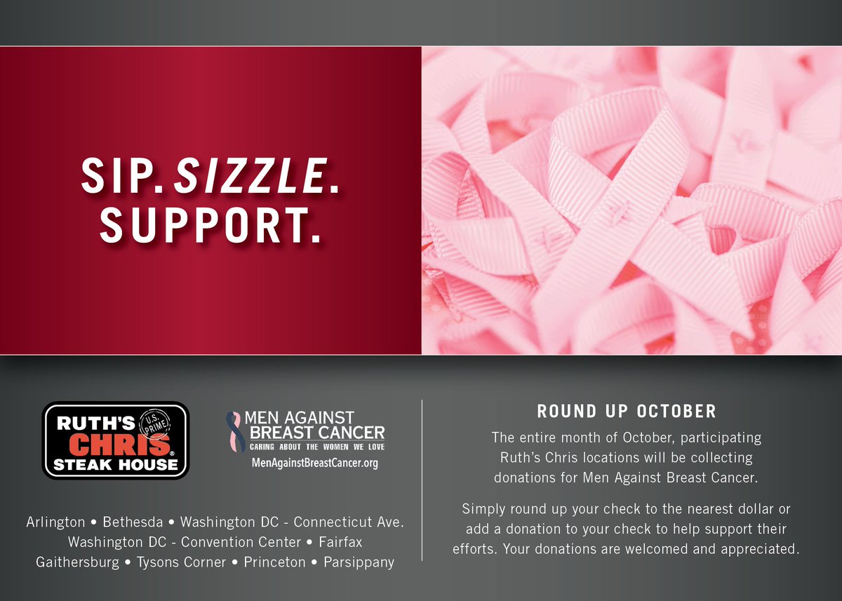 MABCcares's tweet photo. Llooking for special night w/ family, friends, or colleagues pls consider @RuthsChris in DMW or Princeton &amp; Parsippany to thank them for being a partner in survival &amp; supporting our mission w/ S.ipS.izzleS.upport all Oct. For dinner or drinks stop by &amp; say thanks for being there. https://t.co/8NadS7UEno