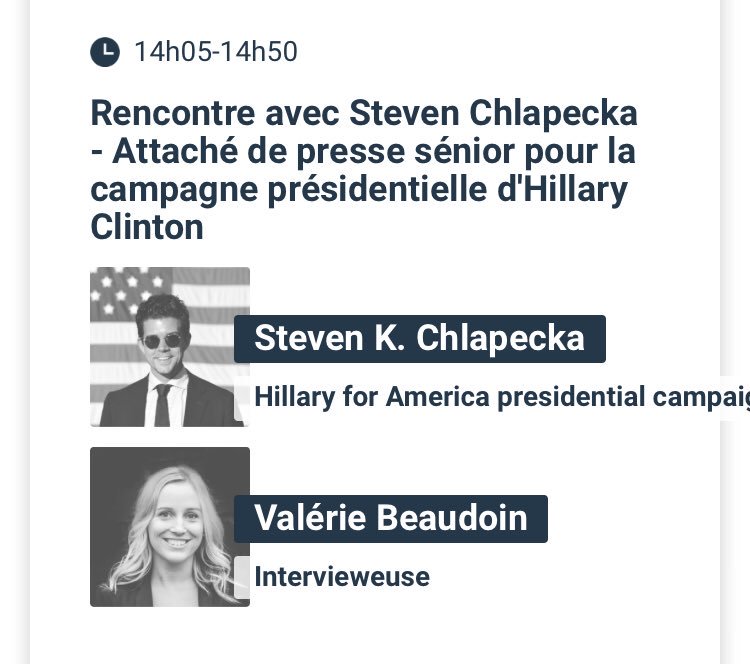 J’animerai ce panel avec un ancien attaché de presse senior d’<a href="/HillaryClinton/">Hillary Clinton</a> lors de l’élection présidentielle de 2016. Très hâte de connaître la perception de la campagne vue de l’intérieur. #ConférenceAgendaPR #polUSA