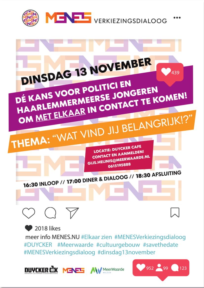MENES nodigt jongeren uit voor de verkiezingsdialoog op 21-11! Jouw stelling doet mee! #Haarlemmermeer #Watvindjijbelangrijk? #Poltiek Aamelden via MENES.NU