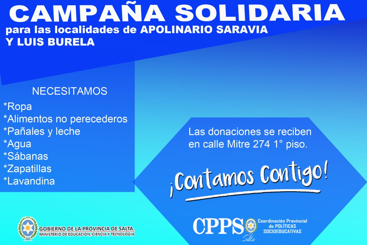 #EntreTodos podemos ayudar. Súmate a esta campaña solidaria para las localidades que están necesitando. <a href="/fguillesaavedra/">GUILLERMO SAAVEDRA</a> <a href="/FanjulGabriel/">Gabriel Fanjul A.</a> <a href="/matiaszaki16/">Ezequiel Nuñez</a> <a href="/Canal7Salta/">CANAL 7 SALTA</a>