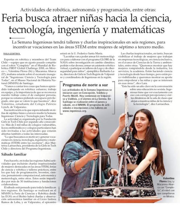 ¡Hoy estamos en <a href="/ElMercurio_cl/">elmercurio_cl</a> contando sobre #Ingeniosas2018! Lee a @TechuLarraechea, <a href="/BarbaritaLaraM/">Barbarita Lara 😼</a>, y a las ingeniosas que contarán su destacado camino en robótica en el acto inaugural de mañana: Maca Abarca y Vale Flores 🤖 goo.gl/1CZaQx