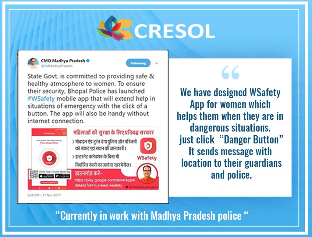 cresolteam's tweet image. Under lot of CSR intiatives of @cresolteam at #Gwalior we Developed smart security system for women for connecting with police and guardians in distress condition in the guidance of STPI Gwalior Team #Self4Society #MaiNahiHum #STPIINDIA @PMOIndia @GoI_MeitY @rsprasad @OfficeOfRSP