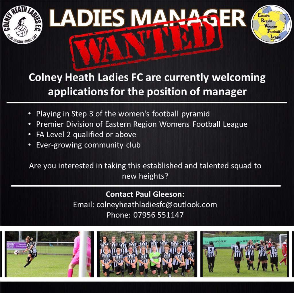 ✍ MANAGER WANTED

Want to take your coaching career to the next step? 

<a href="/ColneyHLadies/">Colney Heath Ladies - Old Account</a> could be your next destination ⬇