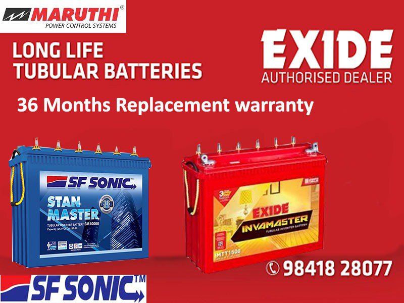 maruthipowers's tweet photo. #Maruthi_Power_Control_Systems,
#Long_Life _Tubular_batteries #Available_here with #36_Months Replacement Warranty,
#Exide / #SF_Sonic Long Life Tall Tubular battery from the direct Dealer
call- 98418 28077
https://t.co/YBZ8J6fAe8

Social media partner, #Ideamart: +91 9841675777. https://t.co/kVzeJ7W6Kr