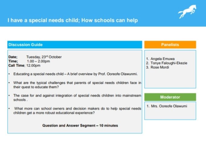 iyanu_emmanuel's tweet image. Big Sis is moderating a panel discussing kids with special needs.
