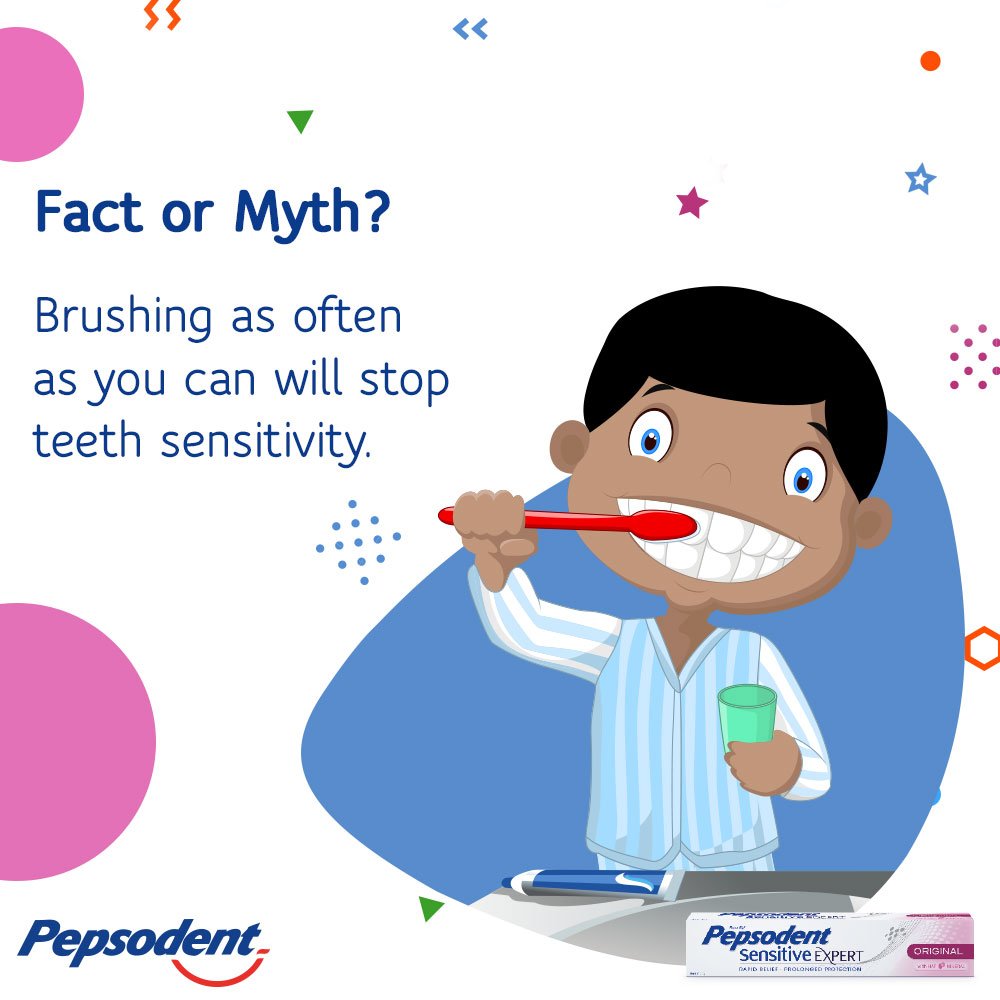 Pepsodent_ghana's tweet image. It is a myth that brushing often stops teeth sensitivity. The recommended brushing habit is twice daily, morning and night. Increasing the frequency of your brushing will not stop teeth sensitivity. Use Pepsodent Sensitive Expert and see your dentist. #PepSensitiveRepairs