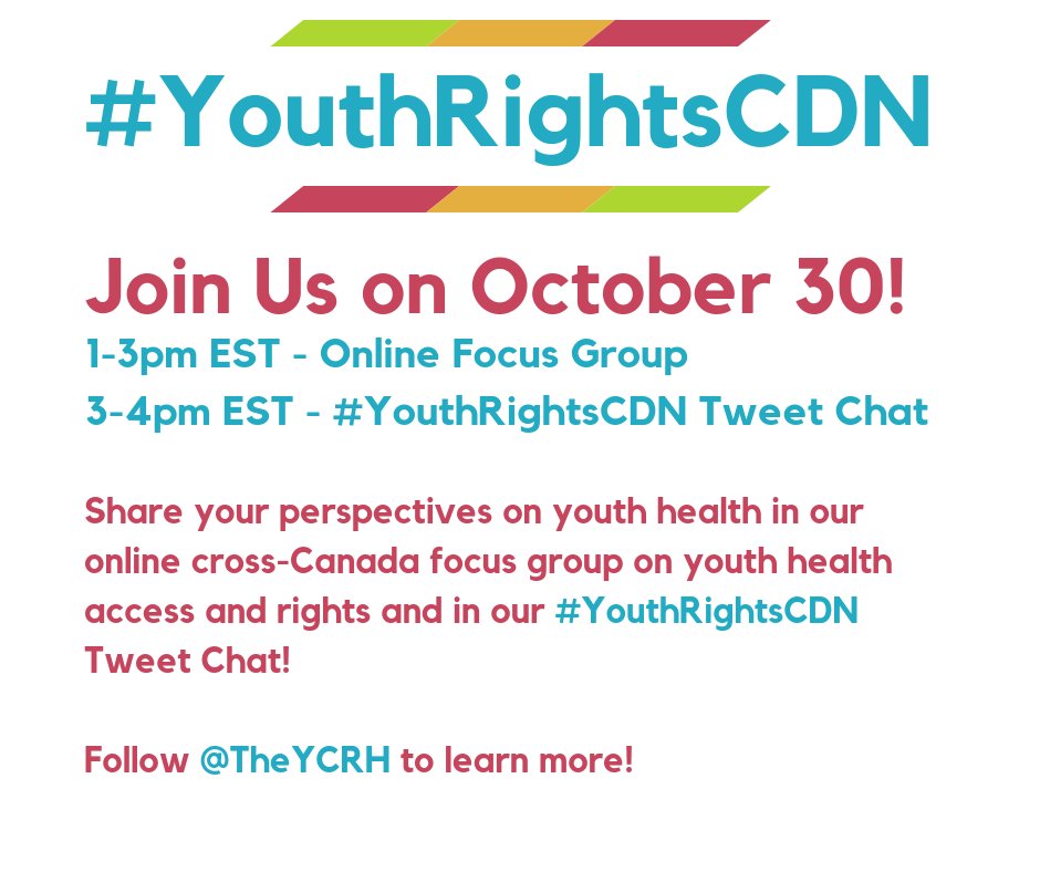 Interested in sharing what you know on your health rights and the gaps you've experienced in accessing health services? Join us (<a href="/THEYCRH/">Young Canadians Roundtable on Health (YCRH)</a>) on Oct. 30 from 1-4pm EST for an online focus group and tweet chat! #YouthRightsCDN Register now: bit.ly/CDNYouthHealth