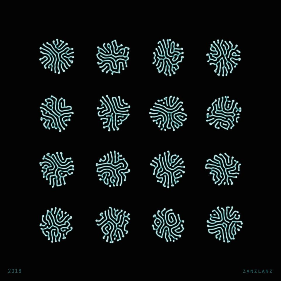Zanzlanz's tweet image. Here are my 16 fingerprints.

Just kidding, it&apos;s just #ReactionDiffusion #GenerativeArt!