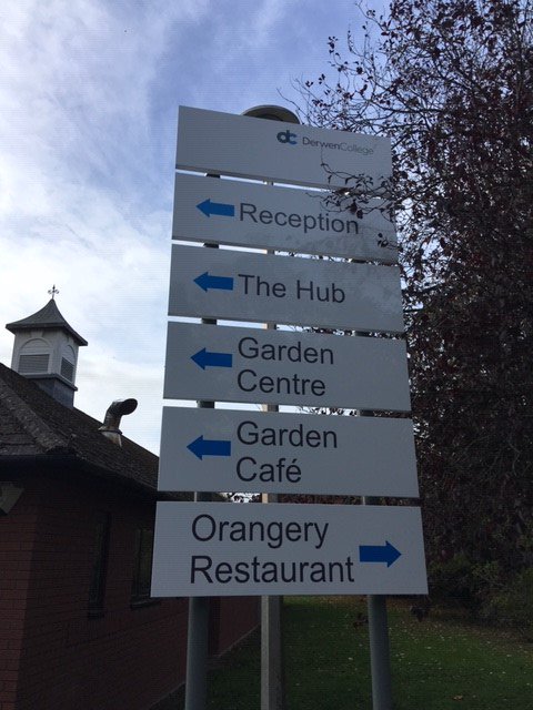 DerwenCollege's tweet photo. We are very excited that new signs are going up all around @DerwenCollege to help make every visit as straighforward as possible for guests to our garden centre, restaurant, cafe, business hub or college. #findyourway #easytonavigate https://t.co/K3MJX2uWul