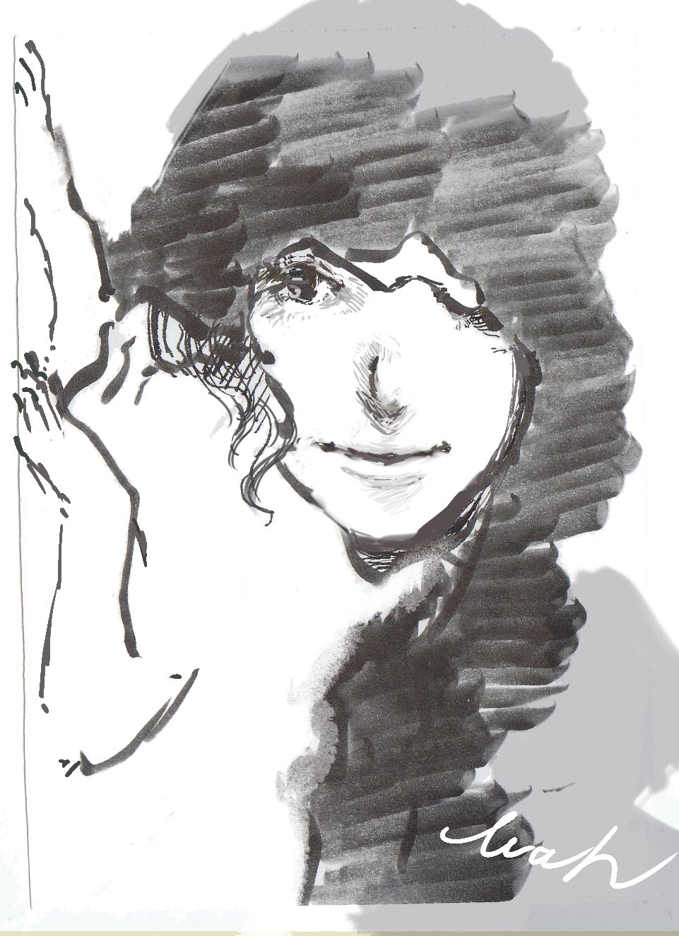 Mah 昔描いただまし絵が出てきました こちらのフードを被ってる女性 角度を変えるとある動物が見えるのです