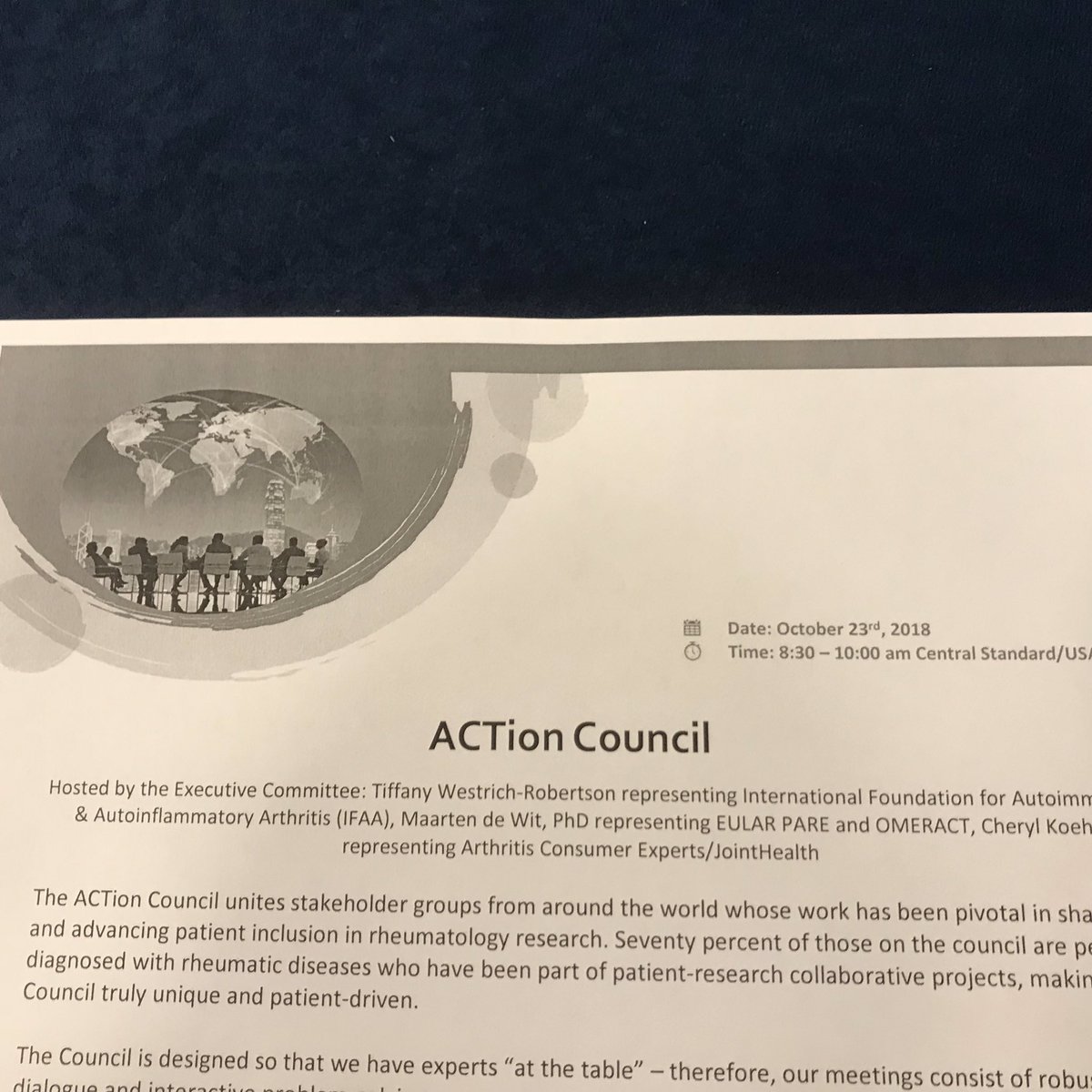 PhysioKTBroker's tweet photo. Thrilled to meet colleagues at inaugural meeting of ACTion Council at #ACR18 to facilitate patient partnership in rheumatology research #ppi #patientengagementinresearch @IF_AiArthritis @CherylKoehn @TerezHumphrey @CreakyJoints https://t.co/xoHPavGeJl