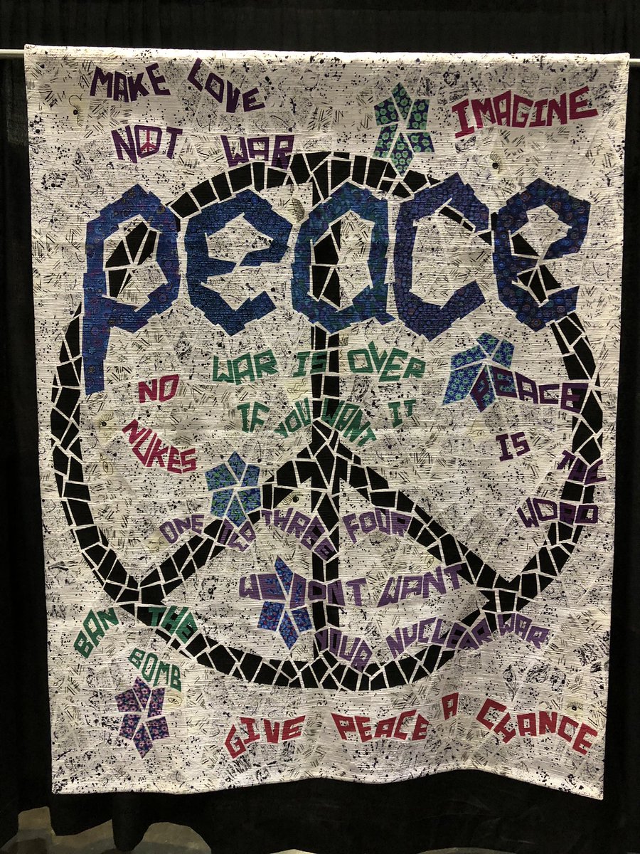 SpinkatKathy's tweet photo. Stunning quilts that also have important messages. #piqf #quilts #pacificinternationalquiltfestival #peace https://t.co/MqQBZ7ugN5