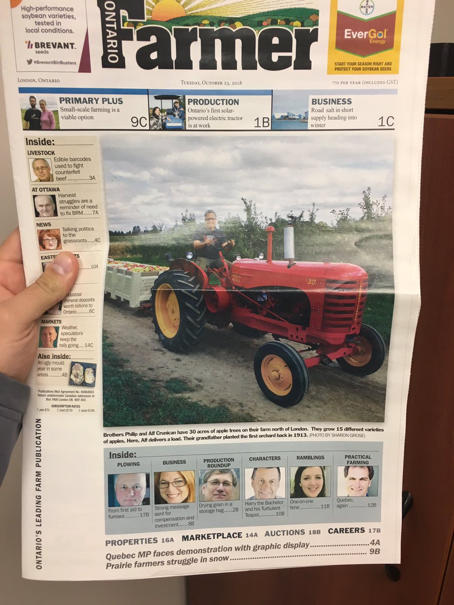 @CrunicanApples make the front of the #ontariofarmer. Proud family farm north of London. My mom and her brothers all farm together. Very cool to see a front page feature like this. @ontarioapples @CTVLondon @HuronTractorLtd