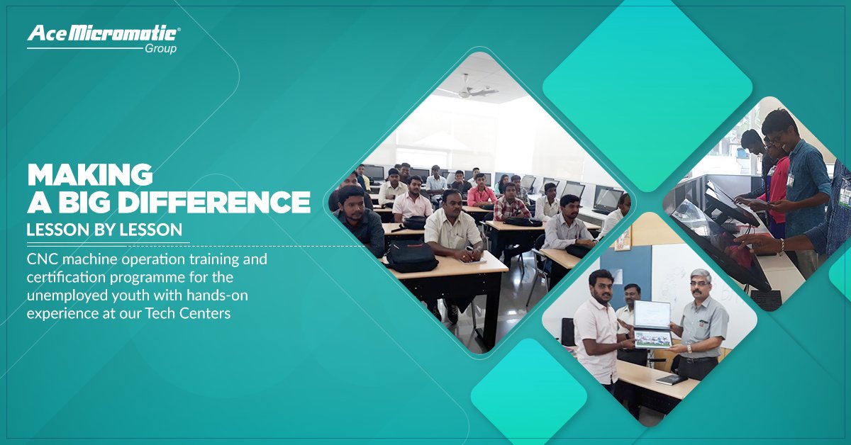 AceMicromatic's tweet photo. #MicromaticMachineTools provides training and certification on CNC machine operations at our Tech Centres to empower the unemployed youth. These youngsters are given hands on experience on machines and updated knowledge about the metal cutting industry. https://t.co/dFmuv1OQbp