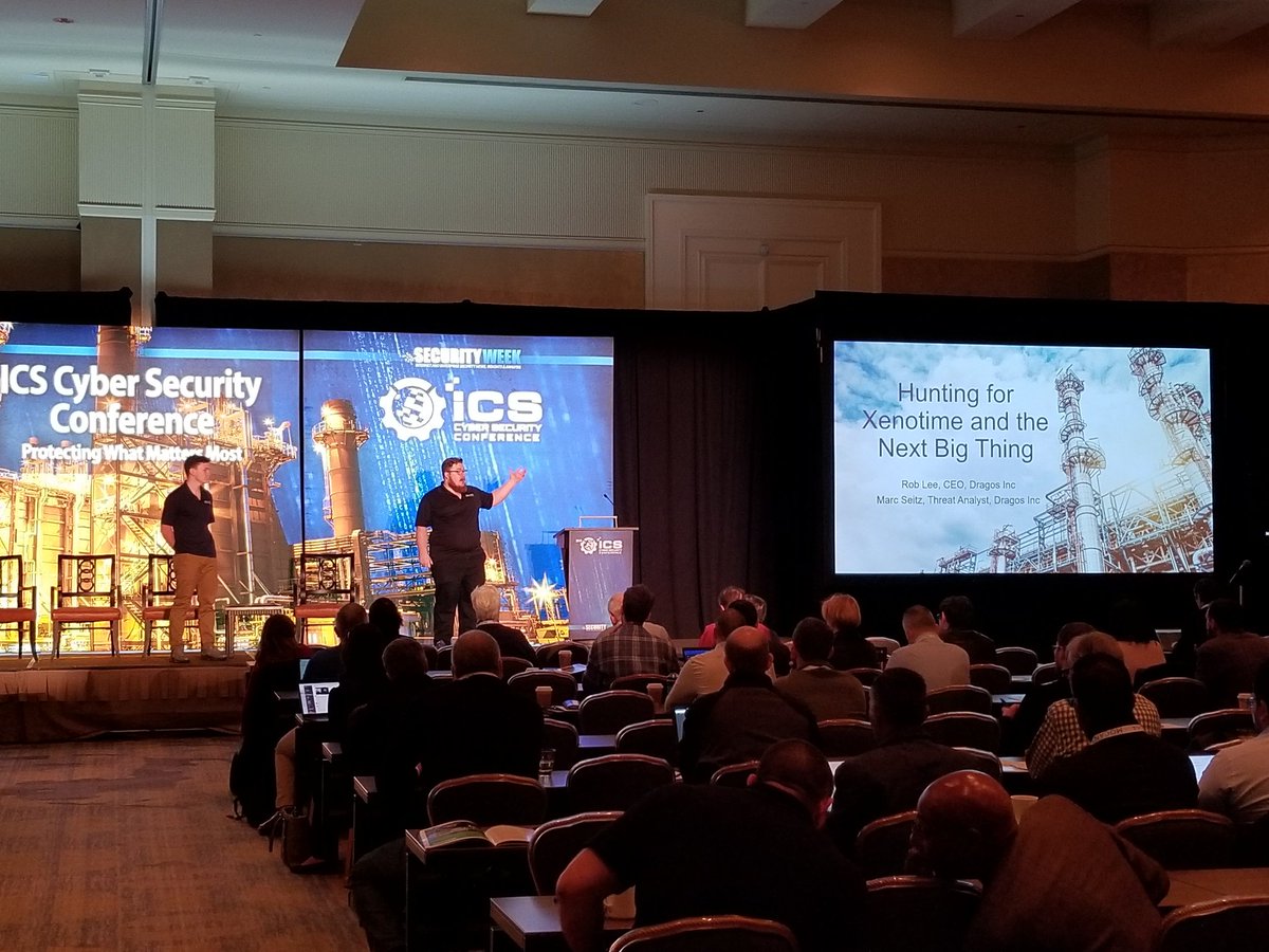 m_p_cowell's tweet image. @RobertMLee and @SubtleThreat presenting on #XENOTIME the activity group behind the #TRISIS malware at #ICSCC18