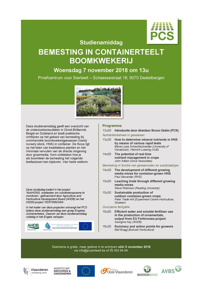 Viaverda_be's tweet photo. Op woensdag 7 november 2018 vindt om 13u de studienamiddag #bemesting in #containerteelt #boomkwekerij plaats op het PCS te Destelbergen. Van harte welkom! Meer info op https://t.co/Z9v4VWj9pY https://t.co/x4AUVwvFmB