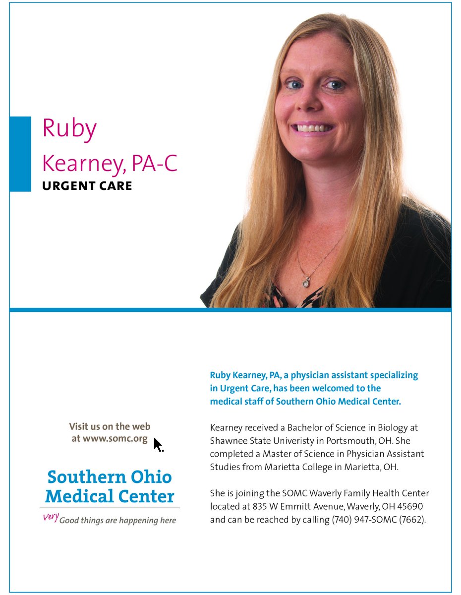 Please join us in welcoming Ruby Kearney, PA to the SOMC Waverly Family Health Center team!