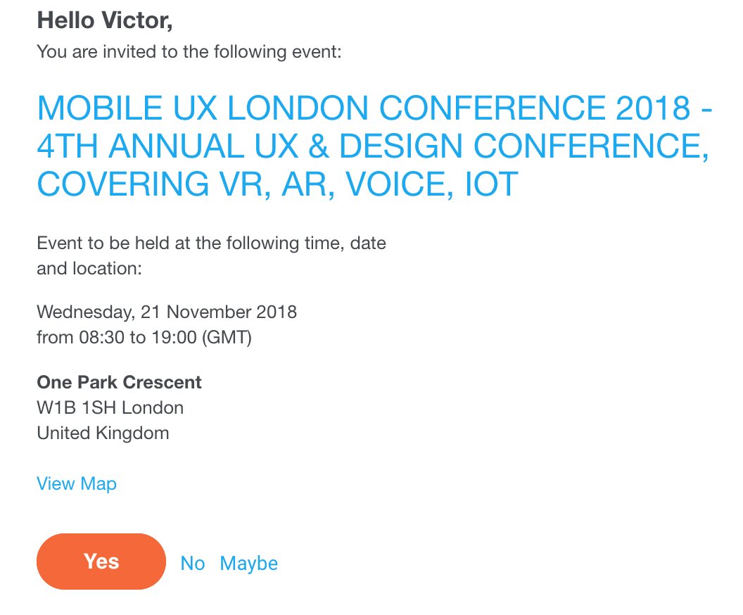 asemota's tweet photo. This is how to do it! Clicking on the "Maybe" button inside an email takes me to a simple Eventbrite dialog. Eventbrite also simplified it by making me just click on an option. All done in 10 seconds. #UXDoneRight @dupsykool @FormPlusApp @kenju254 @yoowai https://t.co/pYGK7EruLu