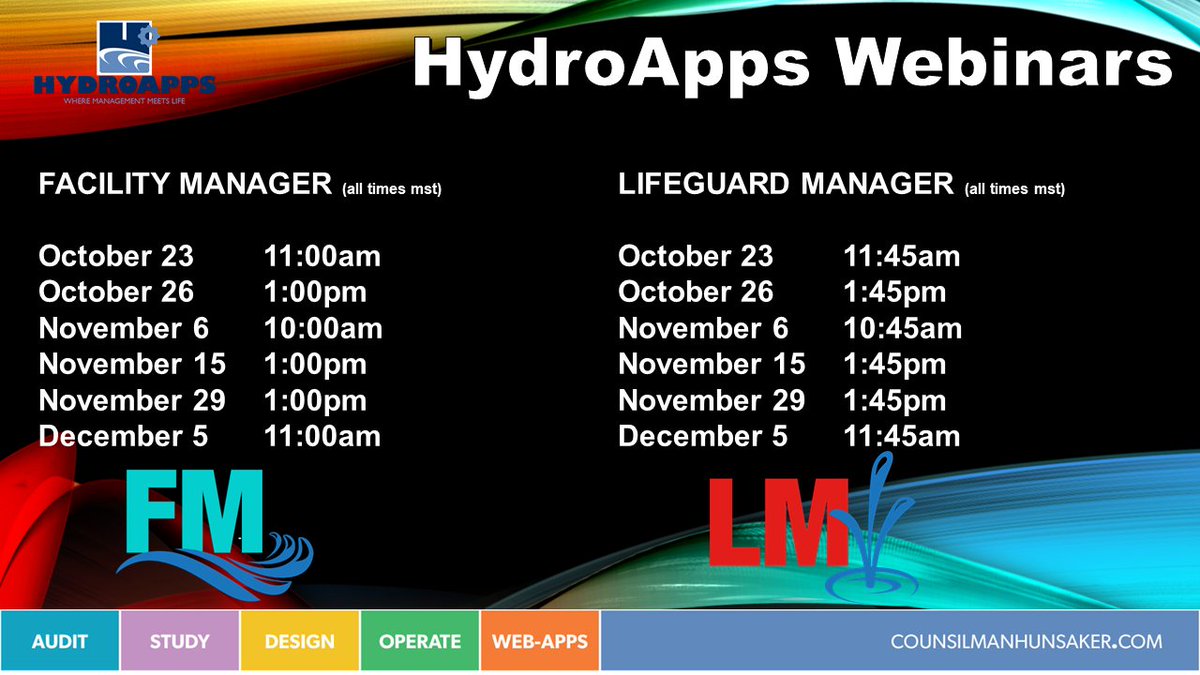 CHH2O's tweet photo. Now is your chance to get an inside look at HydroApps. We will be hosting webinars for both FACILITY MANAGER and LIFEGUARD MANAGER. To sign up for your spot, visit: https://t.co/zZtRPHipez #AquaticsForLife #HydroApps https://t.co/oYHMK1ddqm