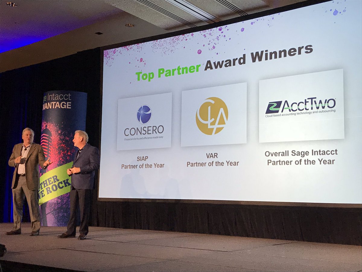 Massive congratulations to <a href="/CLAconnect/">CLA (CliftonLarsonAllen)</a>, recognized at #ADV18 as <a href="/SageIntacct/">Sage Intacct</a> VAR Partner of the Year! Thanks for all you do and for being a great <a href="/SagePartners/">Sage Partners</a>!