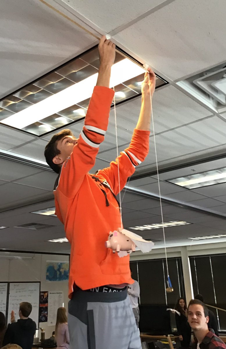 AWPhysics's tweet photo. AP physics investigating centripetal force by #flyingpigs. https://t.co/Bbkh8mjsnu