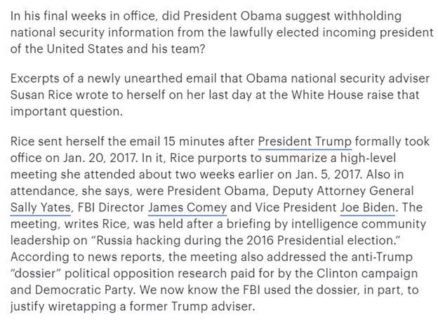 27) On 1/5/17, President Obama (with Susan Rice & VP Biden) orders FBI Director Comey & DAG Sally Yates to conceal National Security information on the Russia case from the Trump Admin team. https://thehill.com/opinion/white-house/373738-rices-odd-memo-did-obama-withhold-intel-from-trump