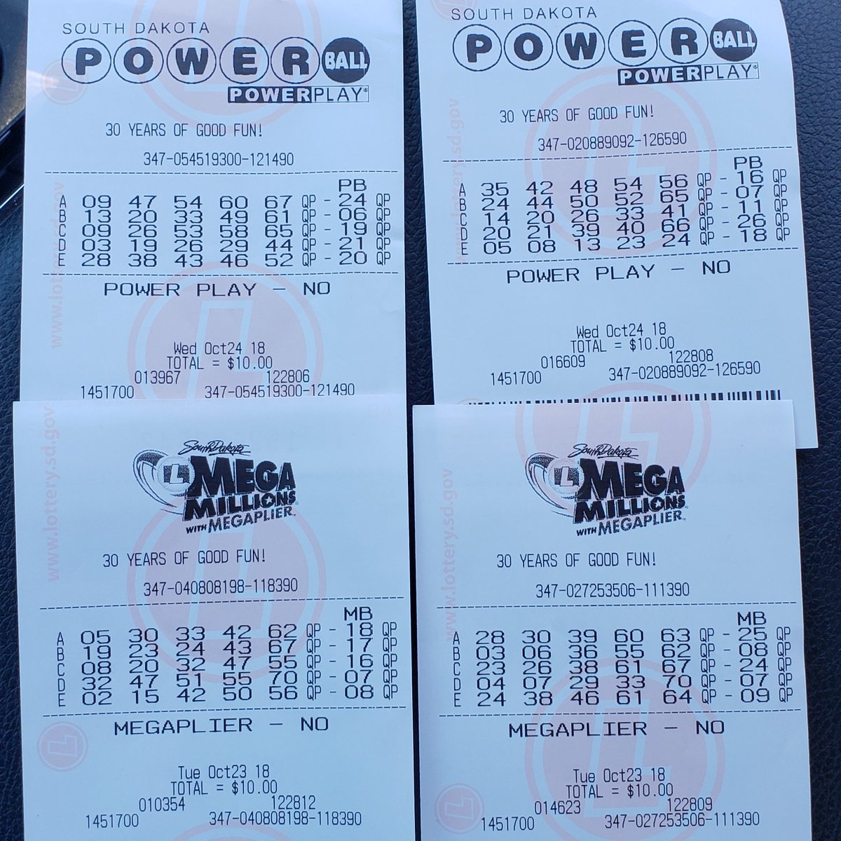 Here they are FOLKS! If any of these tickets hit the #PowerballJackpot or #MegaMillionsJackpot we will RAFFLE off the bar to ONE person who RT this! Good Luck!