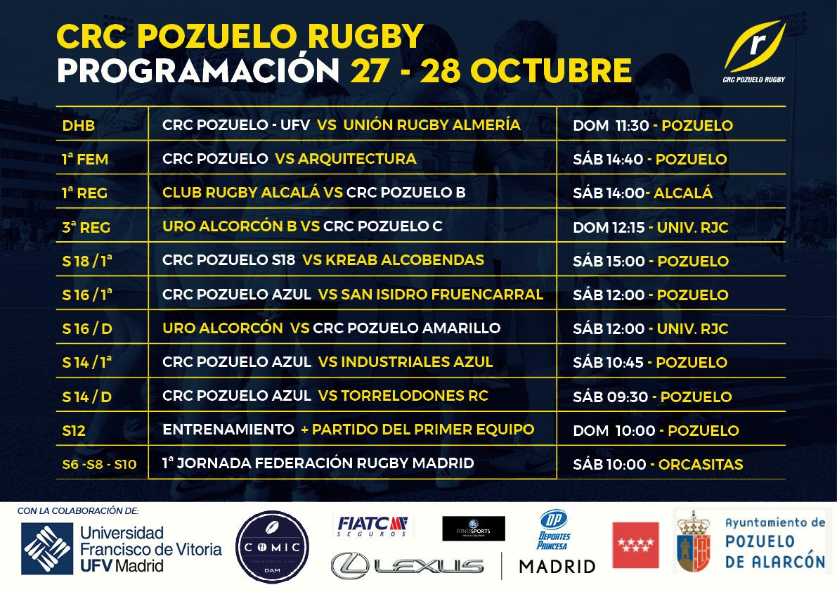 crcpozuelorugby's tweet photo. Programación de un fin de semana lleno de rugby. El domingo el @CRC_rugby @ufvmadrid recibe a la @URAlmeria donde contará con el apoyo del S12 que entrenará a las 10:00. El sábado partidazos en el Valle desde primera hora. #TODOSALVALLE
https://t.co/PumKy8VufF https://t.co/YTNxJzbI5u