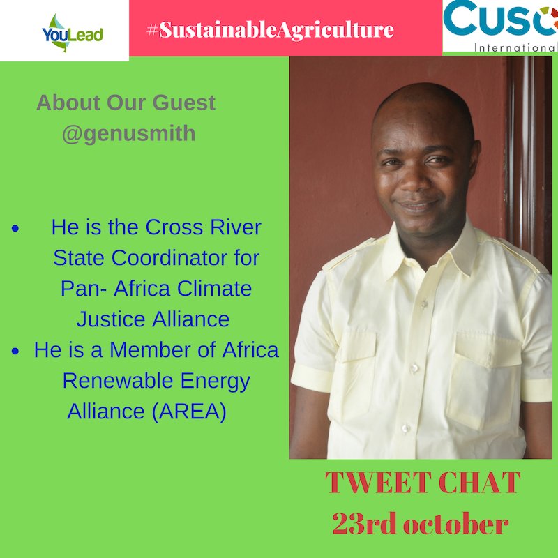 YouLeadNigeria's tweet photo. #SustainableAgriculture Tweet chat on Promoting Sustainable Agriculture and Rural Development. A reminder of who our guest is Godwin Ugah #3
join us today and help change our world for good.
@cusointl @MEDA @HitfmCalabar https://t.co/gXXUVMDIZc