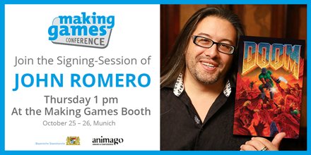 Wanna have a <a href="/romero/">John Romero 🤘🏽</a> signed <a href="/DOOM/">DOOM</a> poster? Or maybe just come by and say hello to one of the most important game developers of all time? Come visit this year's <a href="/MakingGamesConf/">Making Games Conf</a> and your chances are pretty high!