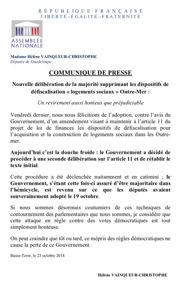 Conférence presse de la député ⁦<a href="/HVainqueur/">Hélène Vainqueur-Christophe</a>⁩ Nouvelle délibération de la majorité supprimant les dispositifs de défiscalisation « logements sociaux » Outre-Mer :