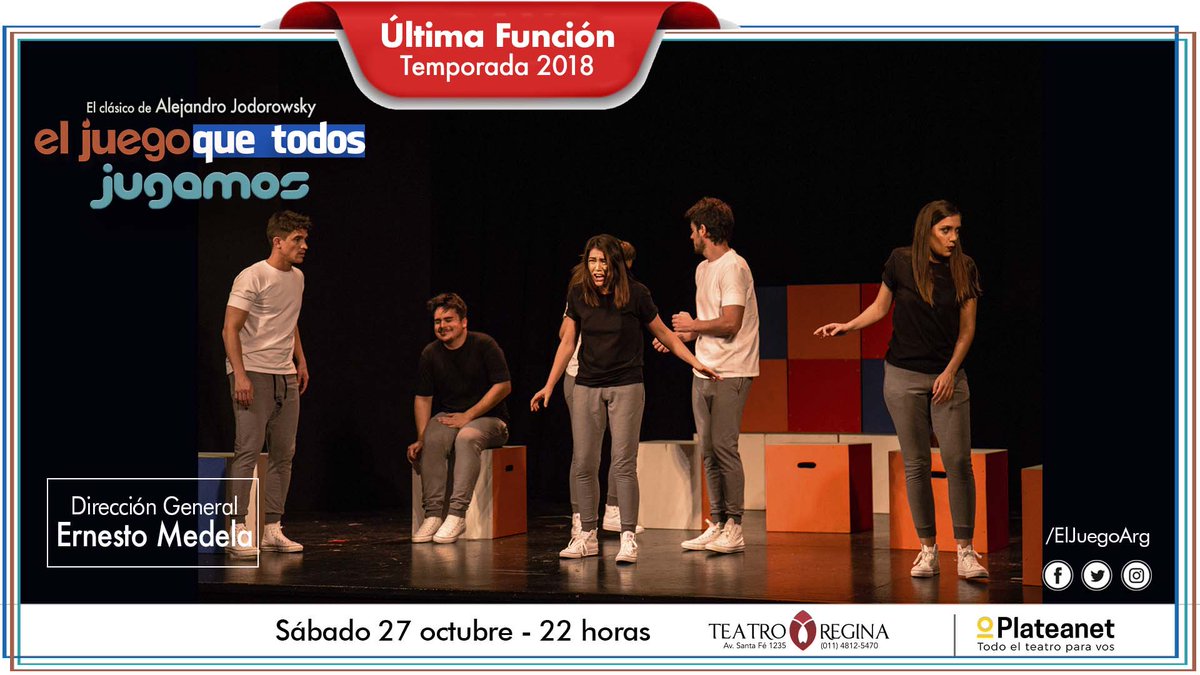 ElJuegoArg's tweet photo. Todos hablan👅 de "El juego que todos jugamos"
 Palpitá ❤️, emocionate, con el texto de #AlejandroJodorowsky  dirigida por #ErnestoMedela. 
Últimas función 👋  sábado 27 Octubre   en el Teatro Regina. 👋
#ElJuegoArg 
#BuenosAires 
#Argentina
#salidajoven
#teatro https://t.co/TnYFuaDo1J