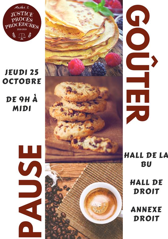 Le M2 JPP vous attend nombreux jeudi de 9h à 12h dans le hall et l’annexe de droit ainsi que dans le hall de la bu pour une pause gourmande 🍪🍩 (sous réserve d'autorisation administrative)
Prévoyez votre monnaie (prix libres) !