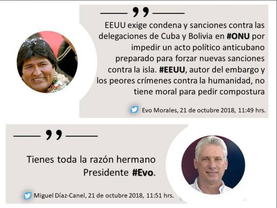 CubaMINREX's tweet photo. .@evoespueblo condena pretensión de #EEUU de sancionar a delegaciones de #Cuba y #Bolivia en @UN @ONU_es
Véalo en @CubaMINREX https://t.co/rETCh1u88z https://t.co/1FWBsVWbBk