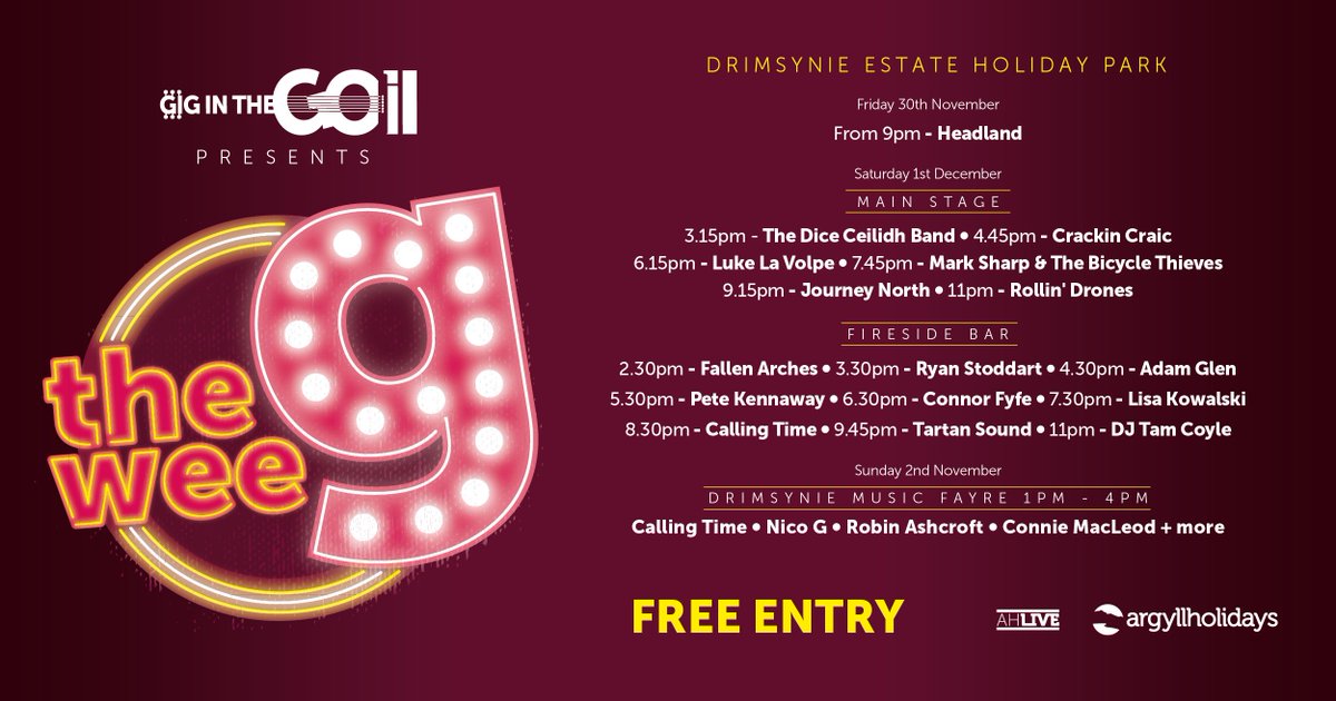 liveinlochgoil's tweet image. We're pleased to announce Stage Times for The Wee G &amp;amp; Drimsynie Music Fayre, plus the addition of Calling Time, @KennawayPete &amp;amp; @FallenArches77.

It's FREE ENTRY, and we're offering 3 night breaks from just £31.50 per person.

➡️More Info: bit.ly/2ScyXSA

#theweeG