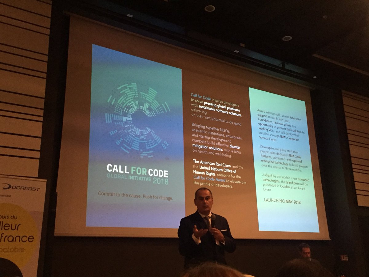 #MDF18 : <a href="/AlainBenichou/">Alain Bénichou</a> <a href="/IBM_France/">IBM France</a> : #développeurs français, participez au challenge #CallforCode pour trouver des idées/solutions pour lutter contre les catastrophes naturelles avec le support des technos IBM