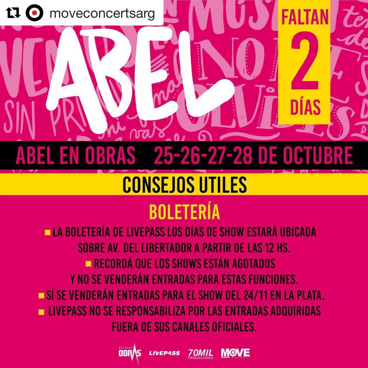 📆 ¡Faltan sólo 2 días para los shows de <a href="/AbelPintos/">ABEL</a> en el <a href="/EstadioObras/">Estadio Obras</a> ! 

❗CONSEJO DEL DíA: Boletería.