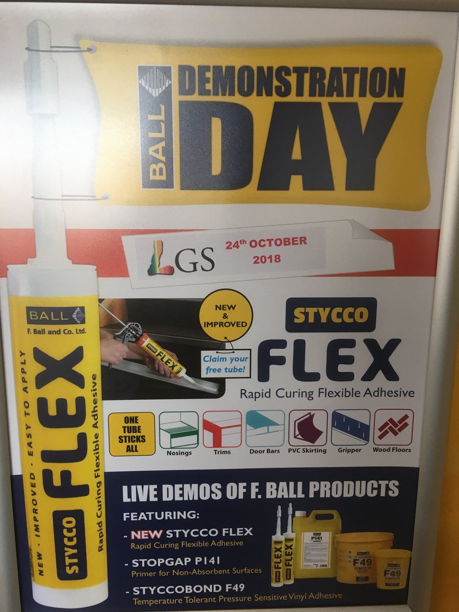 Come and join us tomorrow at ⁦<a href="/LGSflooring/">LGS</a>⁩ Gateshead for our ⁦<a href="/FBallUK/">F. Ball and Co. Ltd.</a>⁩ Demo Day. See the ‘new &amp; improved’ Stycco Flex and claim your free tube 👍🏽😃