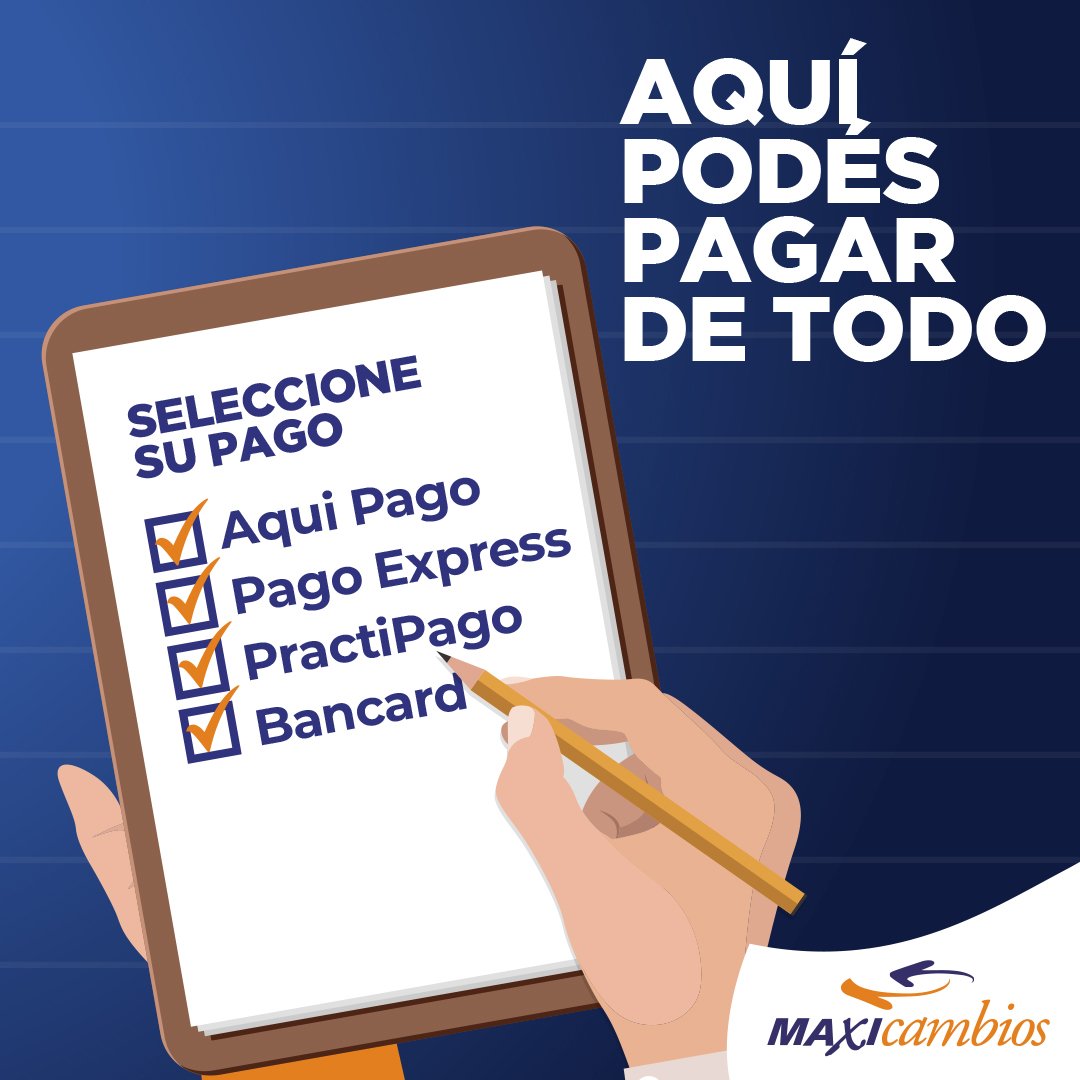 maxicambios's tweet photo. Todos los servicios y cuentas que te imagines los pagás en un solo lugar. Encontrá a @aquipago @PagoExpress_Py #Practipago #RedInfonet en #MaxicambiosPY https://t.co/QFf09LYgly