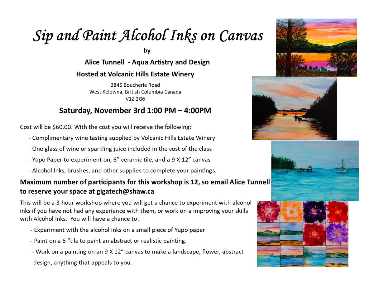 VolcanicHills Winery (@volcanichillswi) on Twitter photo Our first #paintnight was great fun! Hope to see you at the next one on Saturday November 3rd 1 - 4pm. To reserve your spot please email Alice at gigatech@shaw.ca
#paintnight #paintparty #painting #art #okanagan #Eruptingwithflavour #winelovers #siphappens Our first #paintnight was great fun! Hope to see you at the next one on Saturday November 3rd 1 - 4pm. To reserve your spot please email Alice at gigatech@shaw.ca
#paintnight #paintparty #painting #art #okanagan #Eruptingwithflavour #winelovers #siphappens