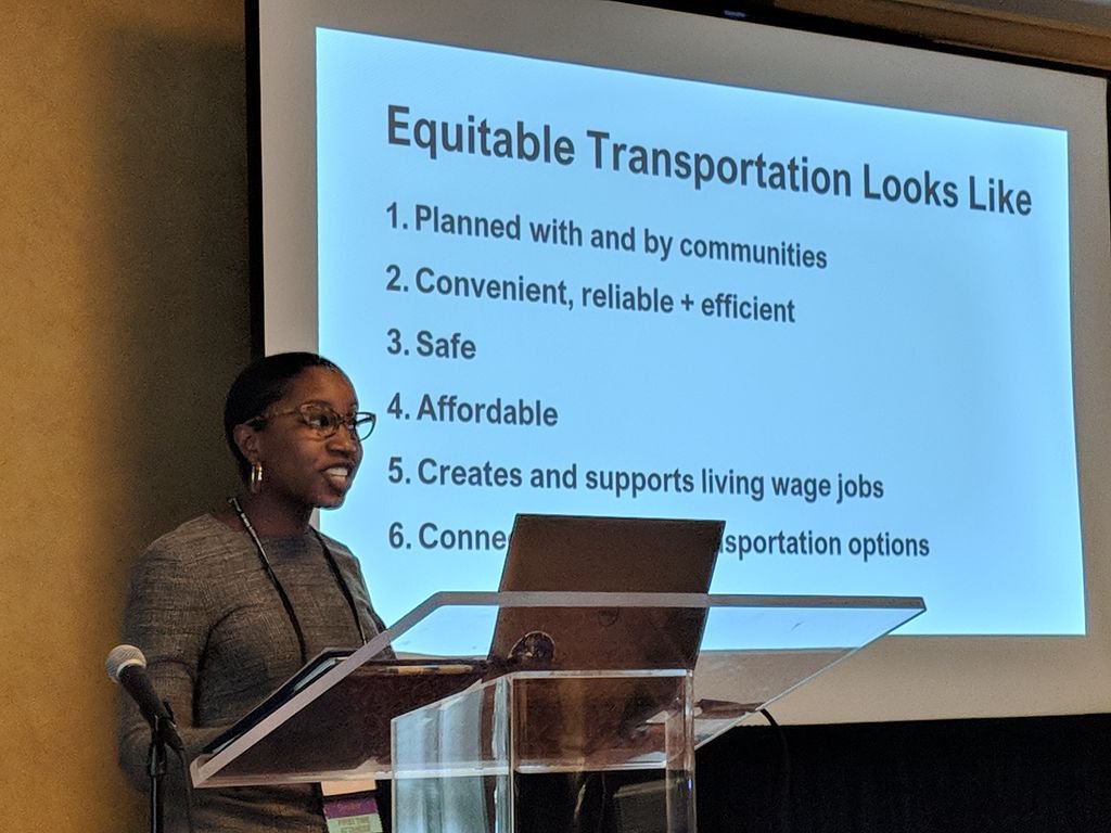 NACTO's tweet photo. "Our processes reflect our values. Systemic inequality is the result of exclusionary planning." - @NACTO's Nicole Payne breaks down principles for making sure bike share reaches all, including historically excluded communities. #RailVolution #RailVolution2018 https://t.co/yIoffINHG4