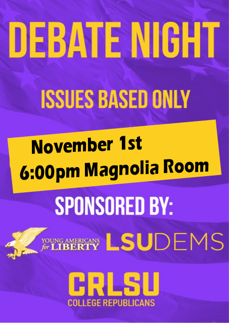 YALatLSU's tweet photo. Don't forget to come join us on November 1st at 6pm for the state's premier collegiate political event @YALatLSU , @RepublicansLSU , and @LSUDems_, will be discussing topics relevant to the young adult in Louisiana. https://t.co/TiuLOU9bzy