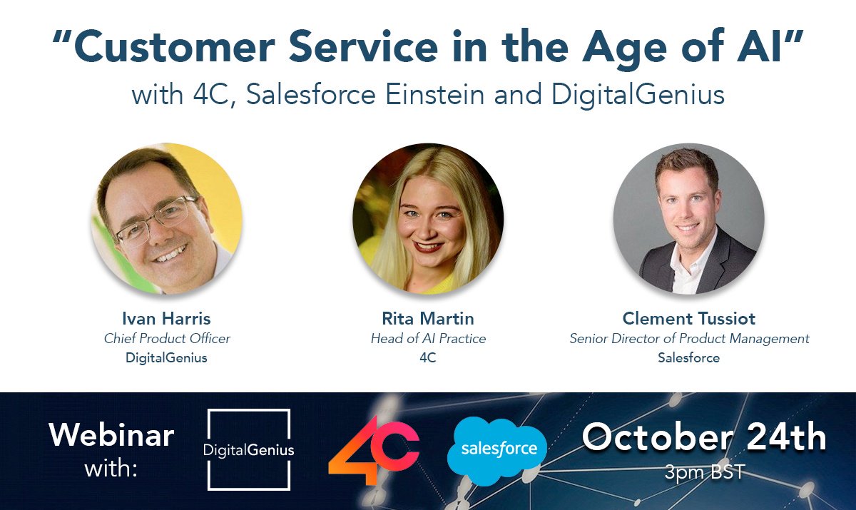 Join us tomorrow - Wednesday, October 24th! with <a href="/salesforce/">Salesforce</a>, <a href="/DigitalGeniusAI/">DigitalGenius</a> and <a href="/We_Are_4C__/">Weare4C ☁</a> for a webinar that dives deep into what businesses need to know about customer service in the age of AI. Register here: hubs.ly/H0fdZzz0