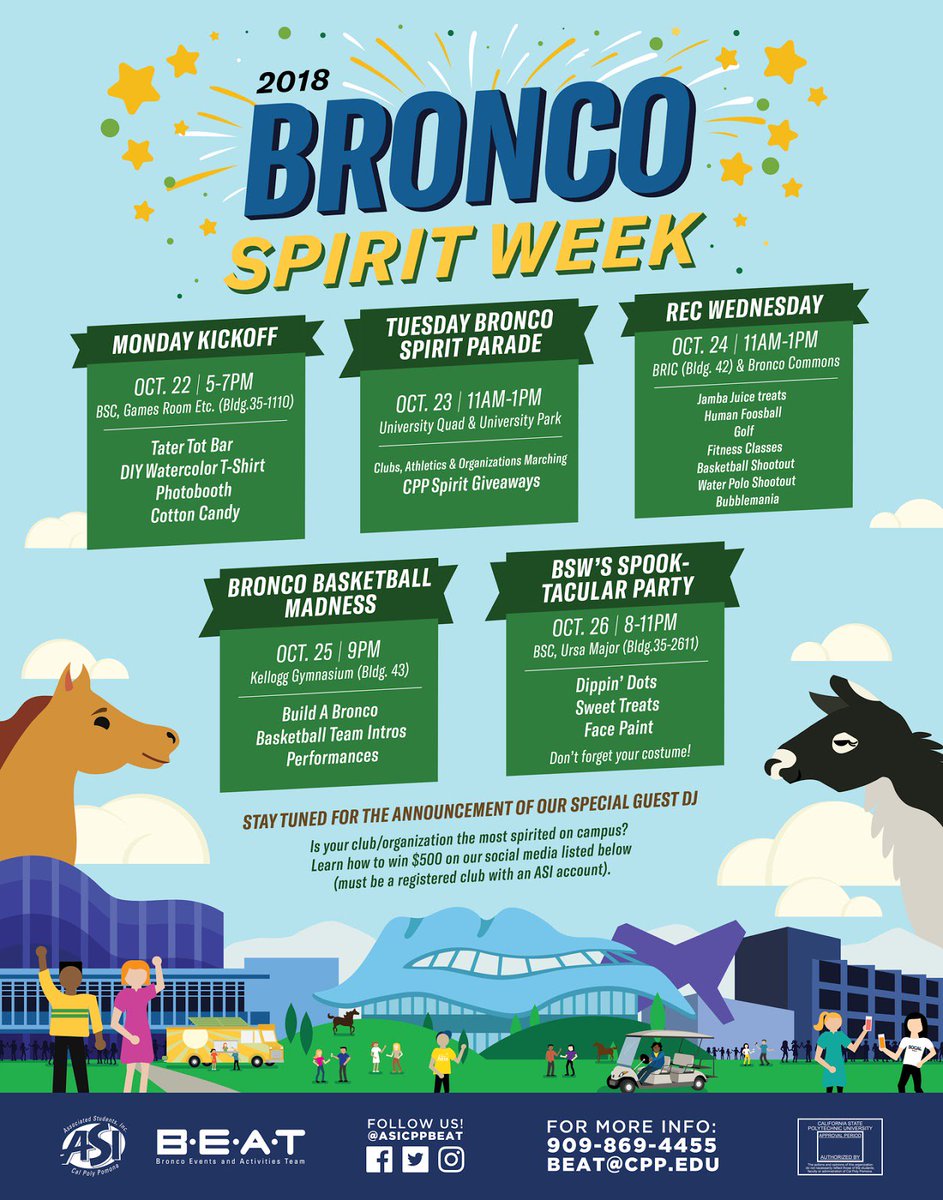 ASICPP's tweet image. Will we be seeing you at the Bronco Spirit Parade today, from 11 a.m. to 1 p.m.? Stop on by or check out one of the many other Bronco Spirit Week activities!