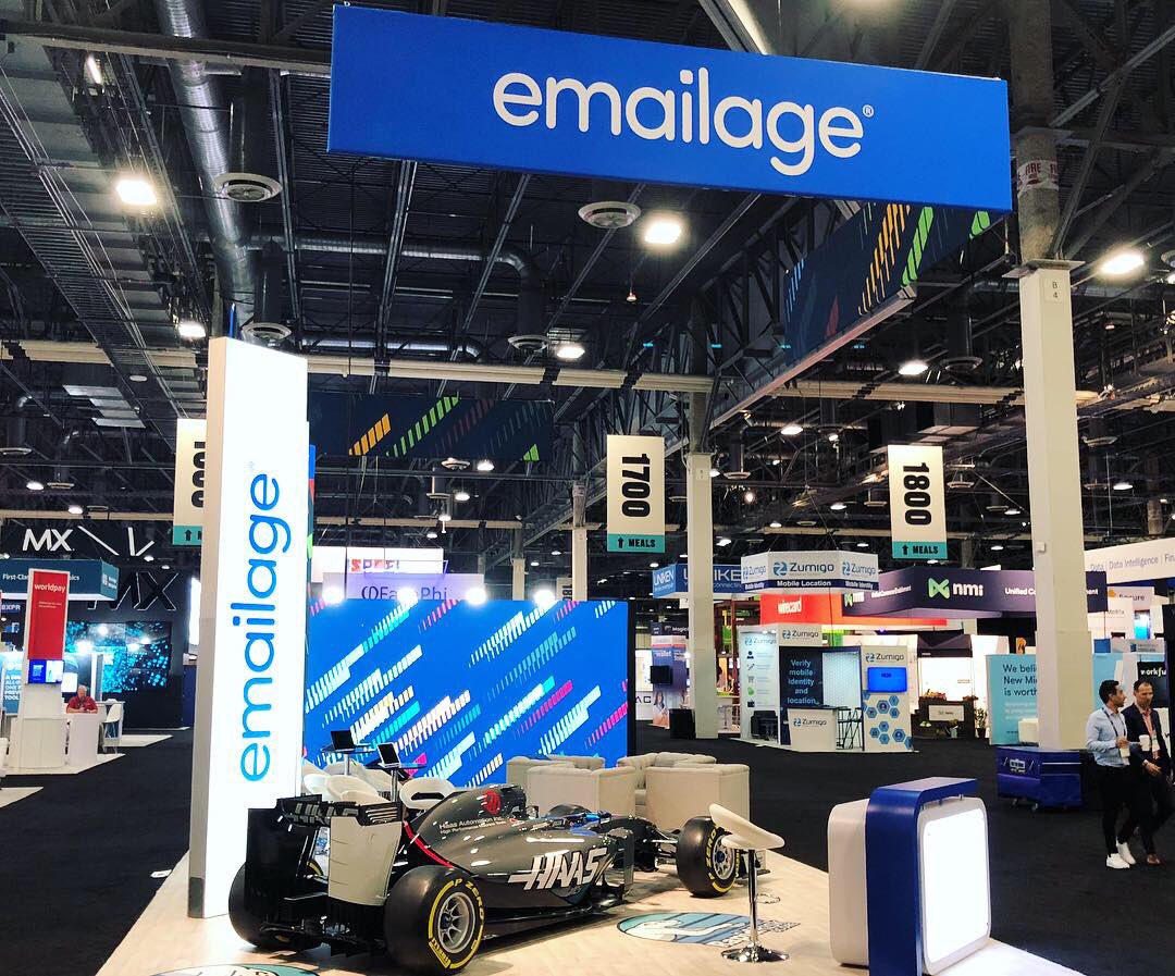 ExhibitAffects's tweet photo. This booth for @Emailage shows the lightning fast results that their company offers with Rapid Risk ✉️ 🌟 their booth featured this show-stopping $16 million supercar built by Ferrari #speed https://t.co/gftZQGgrcp