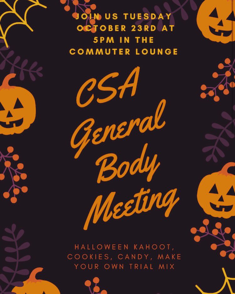 General Body Meeting tonight at 5 in the commuter lounge!! Kahoot, candy, cookie and make ur own trail mix! 🎃🔥 #makeurowntrailmix #GBM
