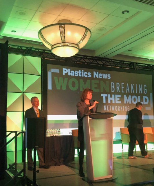 PLASTICS_US's tweet photo. Congratulations to our Executive Vice President, Patty Long, who was inducted into the Women Breaking the Mold class of 2018 by @plasticsnews this afternoon at #wbmforum @PattyLong1 https://t.co/kUBNSU41Q9